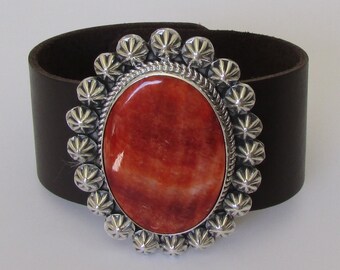 Native American Navajo Silver Spiny Oyster Leather Bracelet Signed Renell Perry