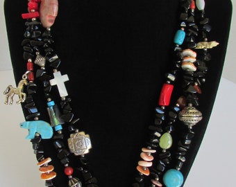 Native American Navajo Sterling 3 Strand Onyx Charm & Fetish Necklace 26"L