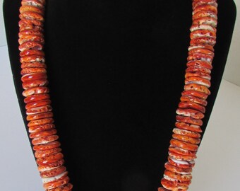 Native American Navajo Sterling Silver Orange Spiny Oyster Heishi Necklace 24"L