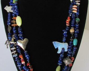 Native American Navajo Sterling 3 Strand Lapis Charm & Fetish Necklace 26"L