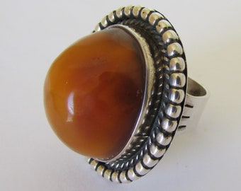 Native American Navajo Sterling Silver Handmade Honey Amber Ring Size 7 Signed Leonard Jim
