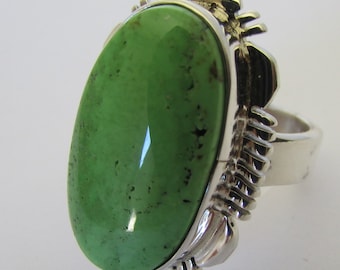 Native American Navajo Sterling Silver Gaspeite Ring Size 8 Signed Jimmie Frank