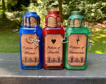 Health Mana Stamina | Decorative Color Changing Potion Bottles | Video Game Bookshelf Decor | Fantasy Decorations