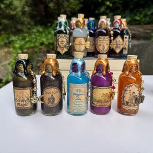 May include: A selection of potion bottles with cork stoppers. Each bottle has a unique colour scheme, including black, brown, blue, purple, and orange, with gold-coloured wax and decorative charms. The labels feature vintage-style text and illustrations.