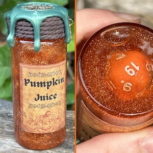 Pumpkin Juice DICE Potion | Color Changing Potion Bottle | TTRPG potion bottle | Fantasy potion decor | Dice Potion | Role Playing Game