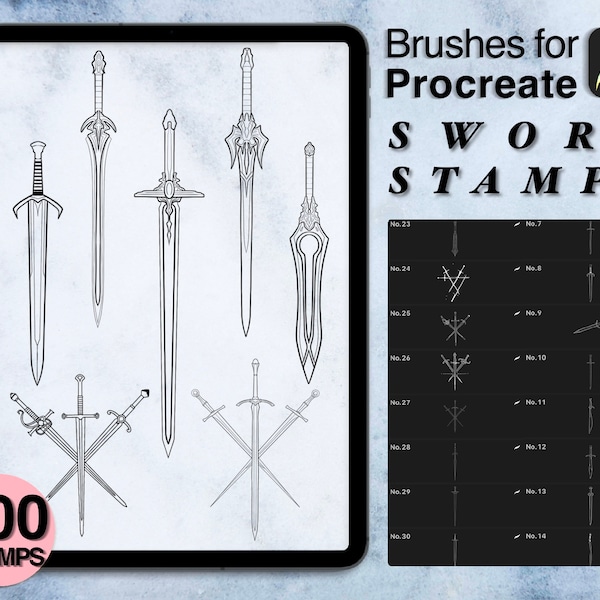 100 procreate sword stamps | procreate brushes | tattoo style | Save your time and explore now