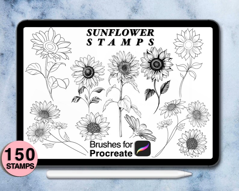 150 Procreate Sunflower Stamps | Procreate Brushes | Tattoo Style ...
