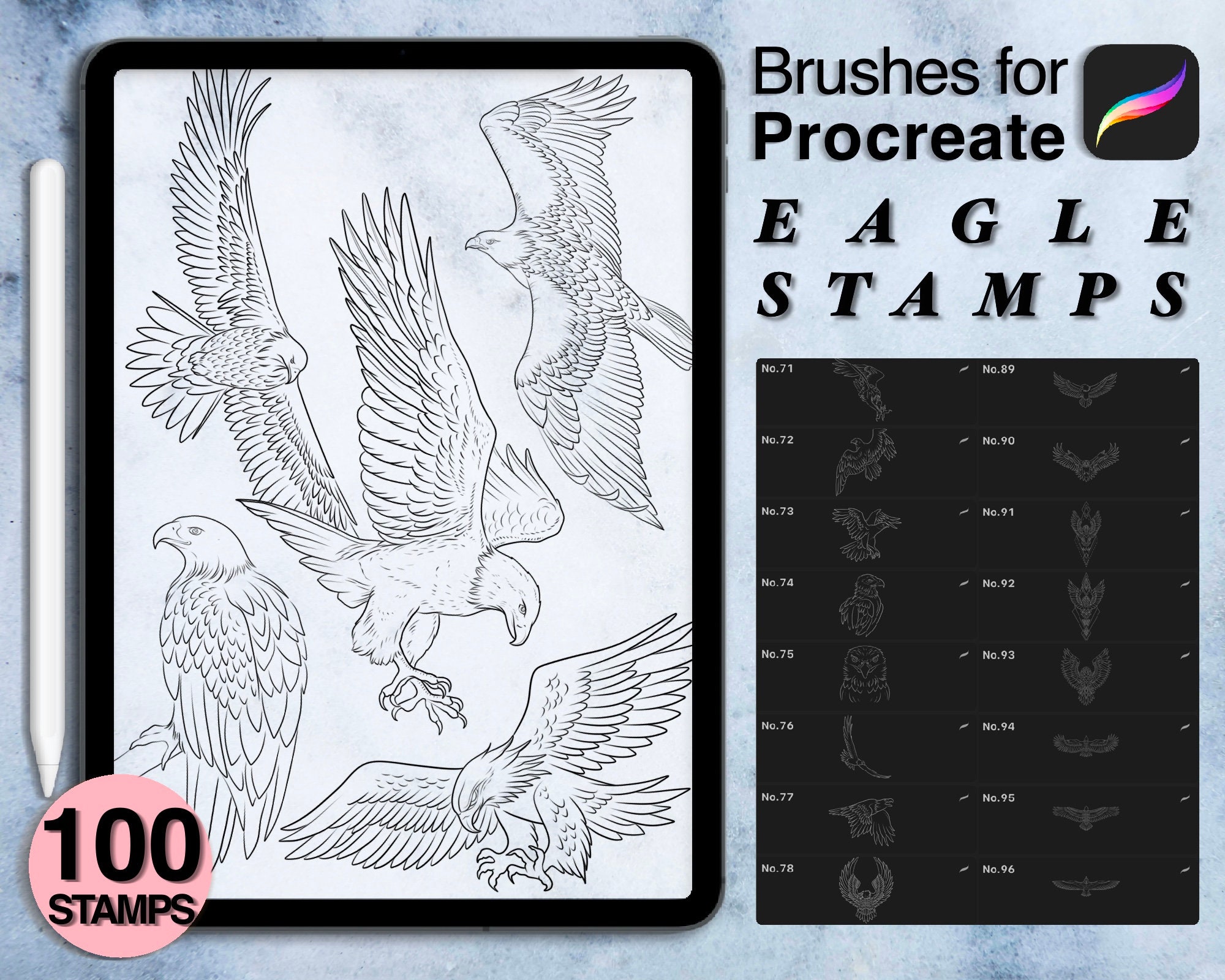 100 Procreate Eagle Stamps – Tattoo-Style Procreate Brushes for Bold Line Art