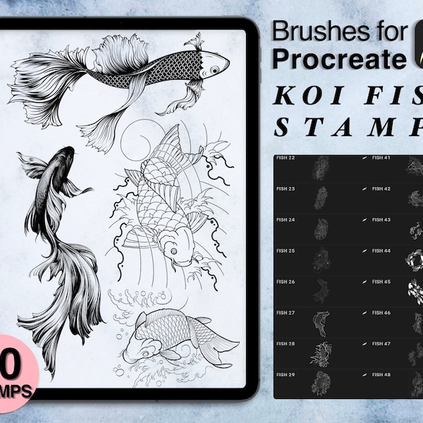 50 procreate koi fish stamps | procreate brushes | tattoo style | Save your time and explore now