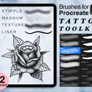 May include: A digital illustration of a rose drawn with a stipple brush. The image shows a tablet screen with 22 brushes for Procreate, labeled "Stipple", "Magnum", "Texture", and "Liner". The text "Brushes for Procreate TATTOO TOOLKIT" is displayed at the top of the image.