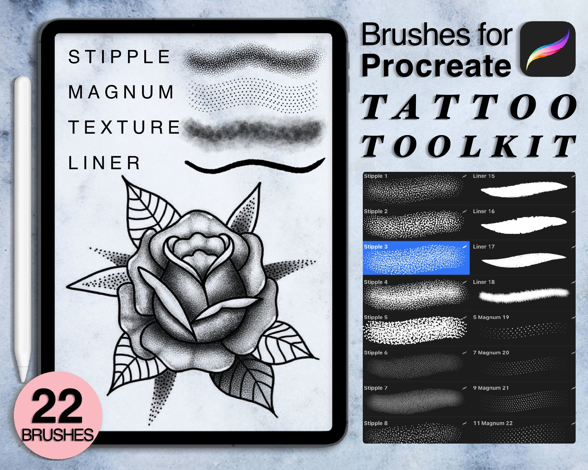 22 Tattoo Toolkit Procreate Brushes Stipple Brushes Magnum  Etsy