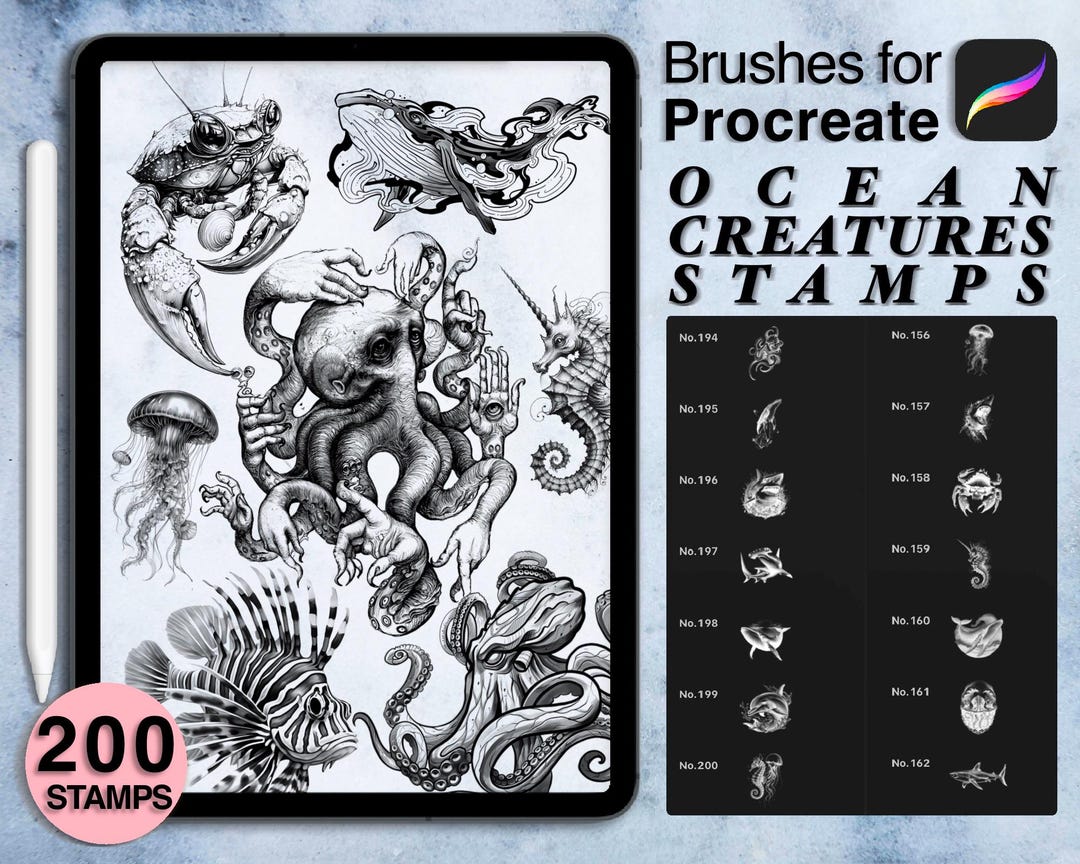 200 Procreate Ocean Creatures Tattoo Stamps | Procreate Brushes | Save ...