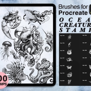 May include: A digital art set for Procreate featuring 200 ocean creature stamps. The black and white illustrations include a crab, whale, octopus, jellyfish, seahorse, and other marine life. The text reads "Brushes for Procreate OCEAN CREATURES STAMPS".
