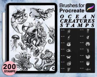 200 procreate ocean creatures tattoo stamps | procreate brushes | Save your time and explore now