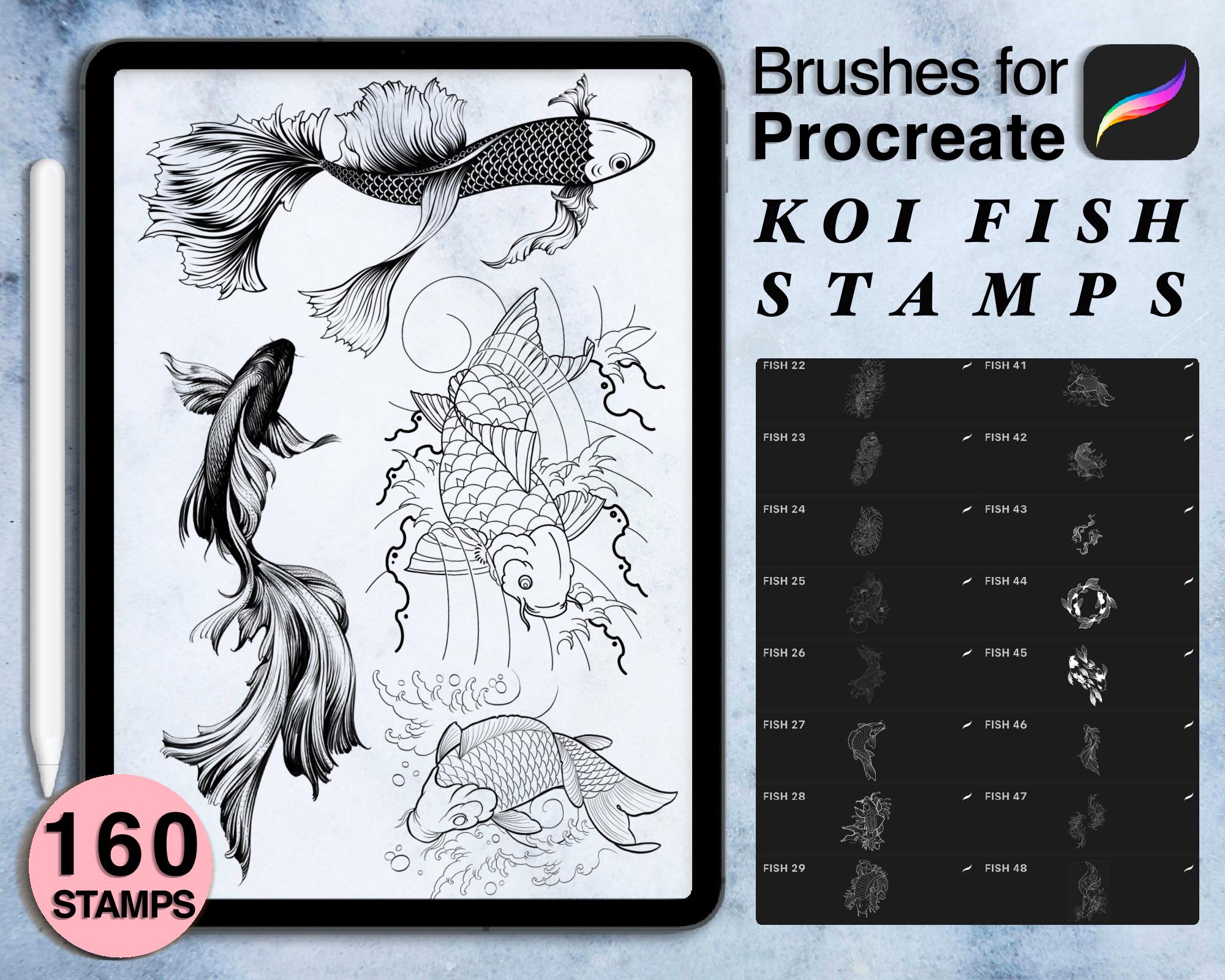 160 Procreate Koi Fish Stamps: Tattoo Style Brushes (Digital Download)