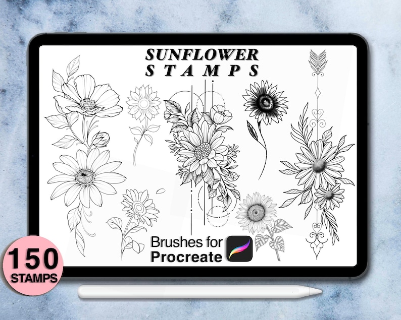 150 Procreate Sunflower Stamps | Procreate Brushes | Tattoo Style ...