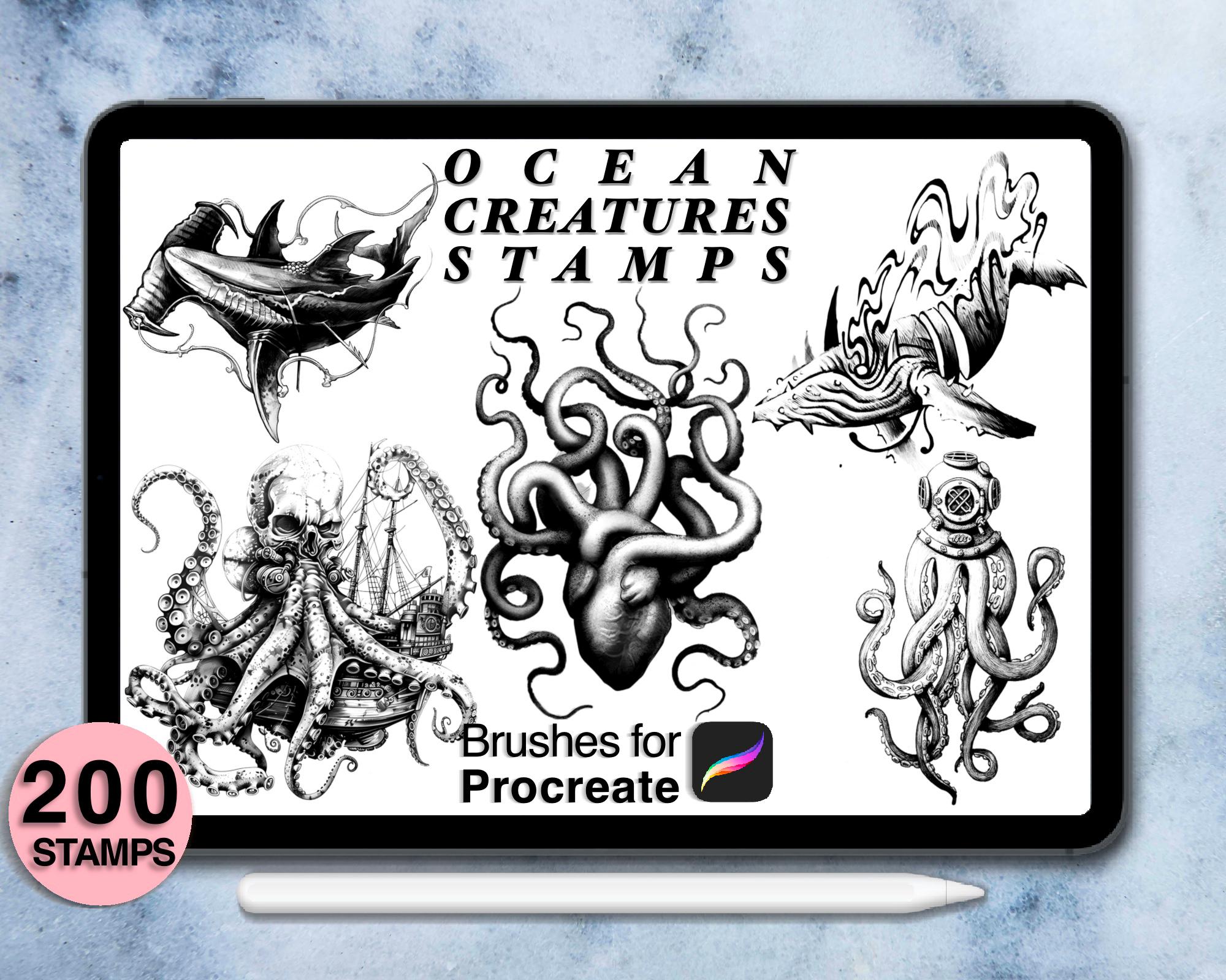 200 Procreate Ocean Creatures Tattoo Stamps | Procreate Brushes | Save ...
