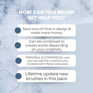 K&ouml;nnte beinhalten: Hellblaue Grafik mit dem Text "HOW CAN THIS BRUSH SET HELP YOU?" und Aufz&auml;hlungspunkten. Die Aufz&auml;hlungspunkte umfassen: Zeit sparen, Werke erstellen, pers&ouml;nliche und kommerzielle Nutzung und lebenslange Updates.