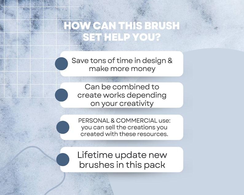 K&ouml;nnte beinhalten: Hellblaue Grafik mit dem Text "HOW CAN THIS BRUSH SET HELP YOU?" und Aufz&auml;hlungspunkten. Die Aufz&auml;hlungspunkte umfassen: Zeit sparen, Werke erstellen, pers&ouml;nliche und kommerzielle Nutzung und lebenslange Updates.