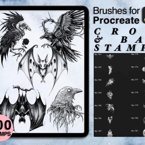 May include: A digital art set displayed on a tablet, featuring crow and bat stamps for Procreate. The image includes detailed black and white illustrations of various bats and crows, with the text "Brushes for Procreate CROW & BAT STAMPS" and "200 STAMPS".