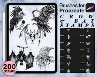 200 procreate crow & bat tattoo stamps | procreate brushes | Save your time and explore now