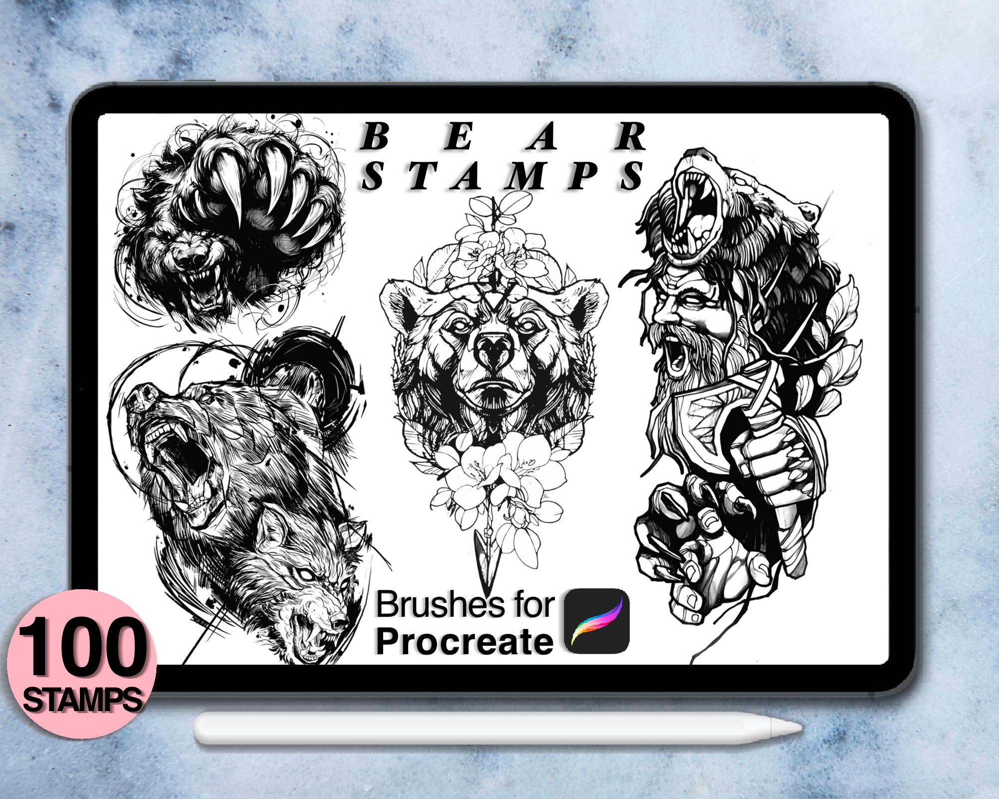 100 Procreate Bear Stamps | Procreate Brushes | Tattoo Style | Save ...