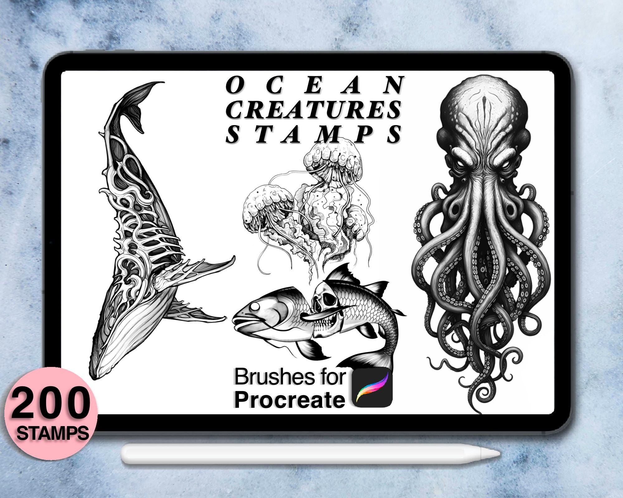 200 Procreate Ocean Creatures Tattoo Stamps | Procreate Brushes | Save ...