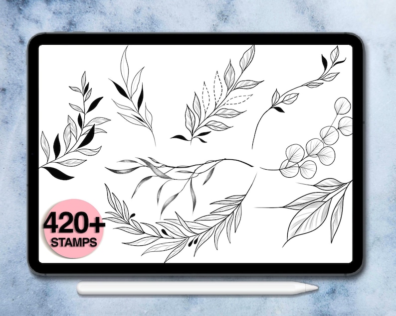 K&ouml;nnte beinhalten: Digitale Illustration von botanischen Blattstempeln auf einem Tablet. Die Schwarz-Wei&szlig;-Strichzeichnungen zeigen verschiedene Blattformen und -stile. Ein rosa Kreis in der unteren linken Ecke zeigt den Text "420+ STAMPS".