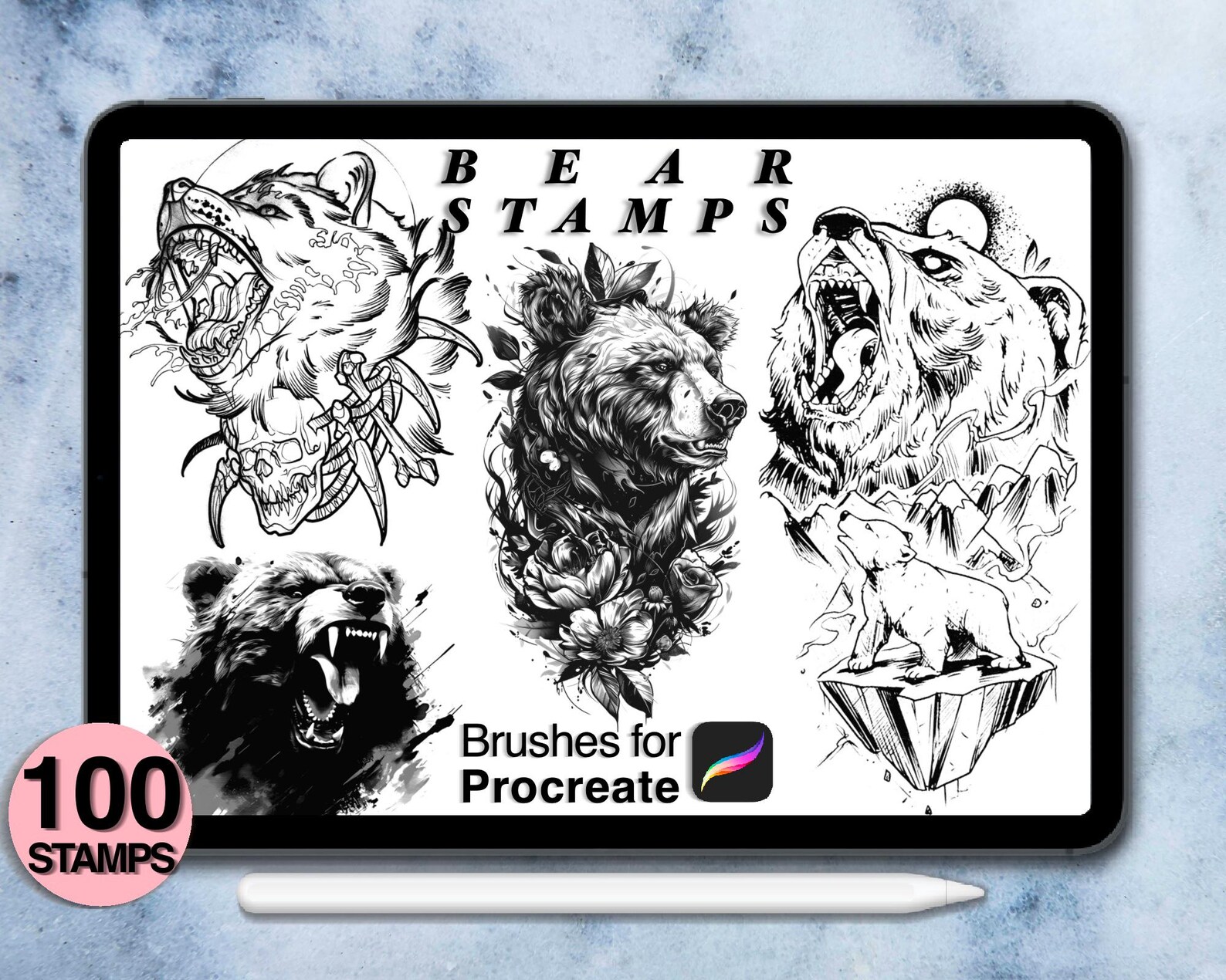 100 Procreate Bear Stamps | Procreate Brushes | Tattoo Style | Save ...