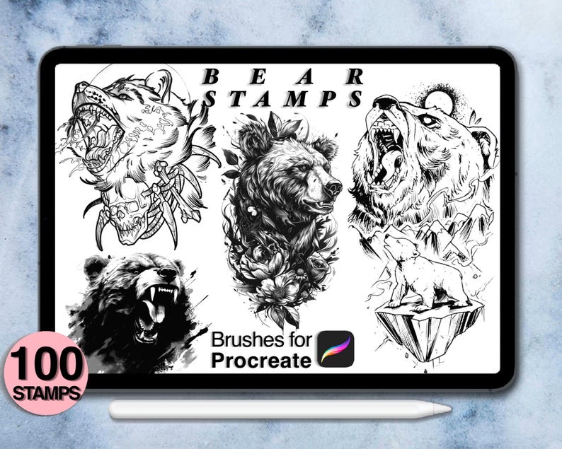 100 Procreate Bear Stamps | Procreate Brushes | Tattoo Style | Save ...