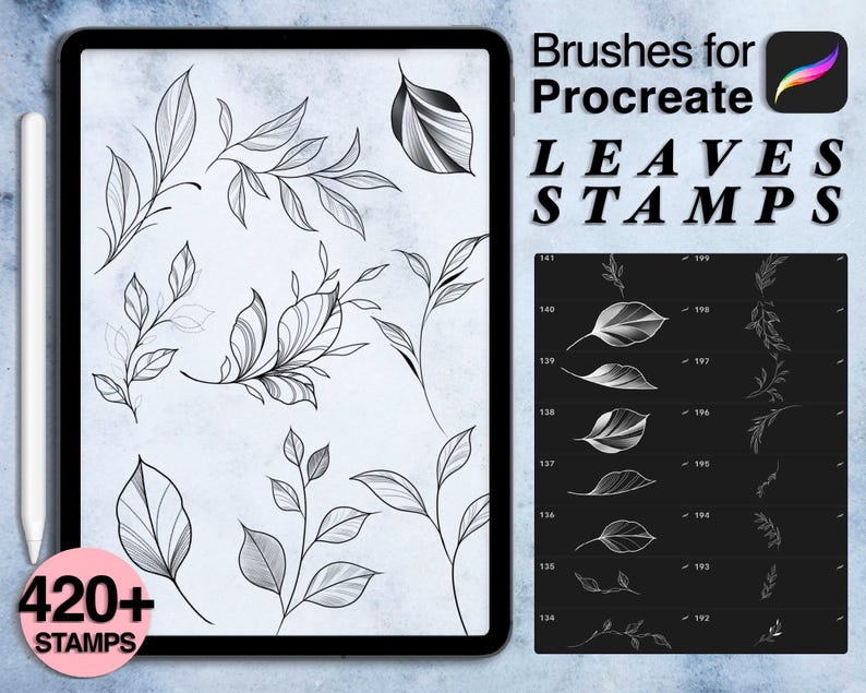 K&ouml;nnte beinhalten: Ein digitales Kunstdisplay zeigt Blattstempel-Pinsel f&uuml;r Procreate. Der Bildschirm zeigt verschiedene Blattdesigns in Schwarz und Wei&szlig;, mit dem Text "LEAVES STAMPS" und "420+ STAMPS". Ein Stift ist an der Seite platziert.