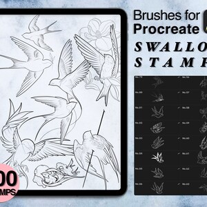 Pode incluir: Uma ilustração digital de 100 selos de andorinha para Procreate. Os selos são desenhos de linha em preto e branco de andorinhas em várias poses. A imagem também inclui um tablet digital com uma pré-visualização dos selos.