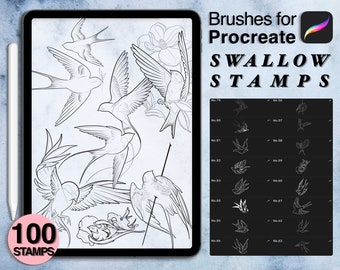 100 procreate swallow stamps | procreate brushes | tattoo style | Save your time and explore now