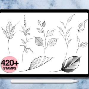K&ouml;nnte beinhalten: Digitale Illustration verschiedener botanischer Blatt- und Stieldesigns in Schwarzwei&szlig;. Das Bild wird auf einem Tablet mit einem Stift angezeigt. Ein rosa Kreis mit dem Text "420+ STAMPS" befindet sich in der unteren linken Ecke.