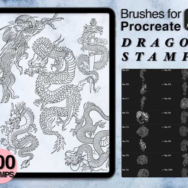 100 procreate dragon stamps | procreate brushes | tattoo style | Save your time and explore now