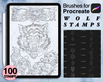 100 procreate wolf stamps | procreate brushes | tattoo style | Save your time and explore now