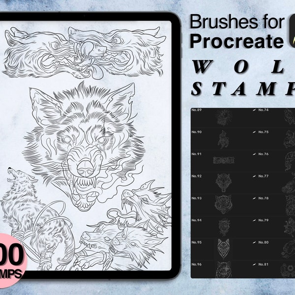 100 procreate wolf stamps | procreate brushes | tattoo style | Save your time and explore now