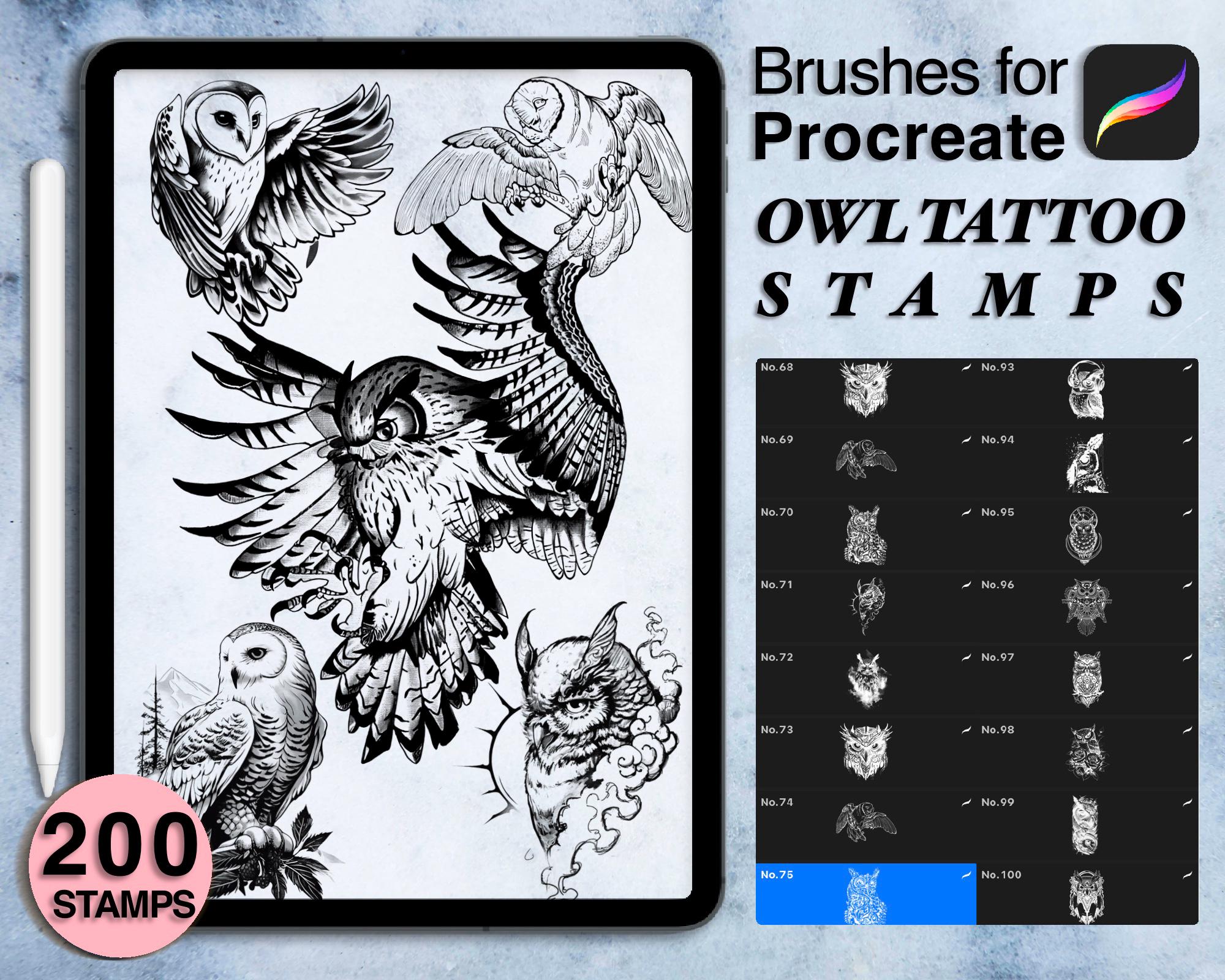200 procreate owl stamps | procreate brushes | tattoo style | Save your time and explore now