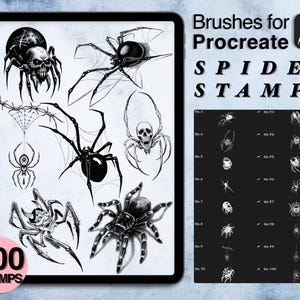 Puede incluir: Pinceles de arte digital para Procreate, con sellos de arañas. La imagen muestra una tableta con varias ilustraciones de arañas, incluyendo dibujos detallados de arañas y telarañas. El texto en la pantalla dice "SPIDER STAMPS" y "100 STAMPS".
