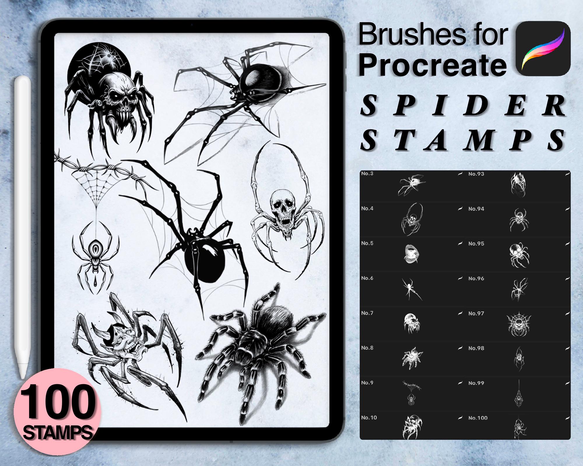 100 Procreate Spider Stamps | Tattoo-Style Webs & Creepy Crawlies Brush Set