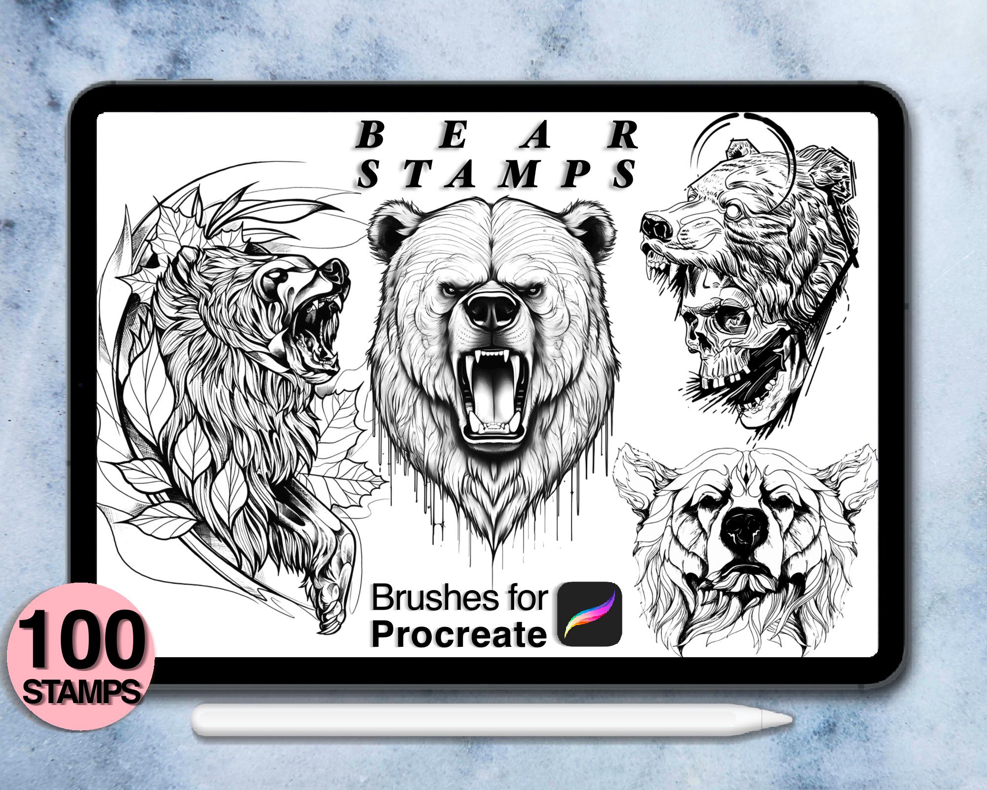 100 Procreate Bear Stamps | Procreate Brushes | Tattoo Style | Save ...