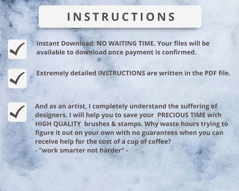 K&ouml;nnte beinhalten: Eine digitale Produktanleitung mit der &Uuml;berschrift "INSTRUCTIONS" in einer wei&szlig;en Box. Der Text erkl&auml;rt Sofort-Downloads, detaillierte Anweisungen in einer PDF-Datei und die Zeitersparnis durch hochwertige Pinsel und Stempel. Der Hintergrund ist hellblau.