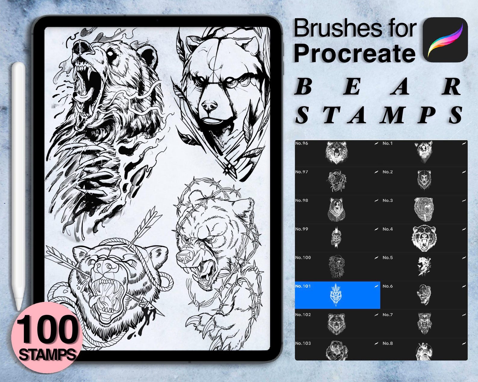 100 Procreate Bear Stamps | Procreate Brushes | Tattoo Style | Save ...