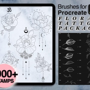 Floral Tattoo Procreate Brush Set: Roses, Peonies, Leaves (Digital Download)