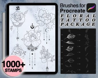 Floral Tattoo Procreate Brush Set: Roses, Peonies, Leaves (Digital Download)