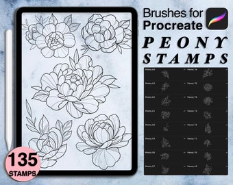 135 Procreate Peony Stamps: Floral Tattoo Style Brushes (Digital Download)
