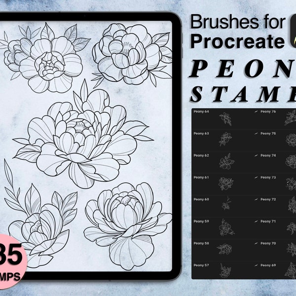 135 procreate peony stamps | procreate brushes | floral tattoo style | Save your time and explore now