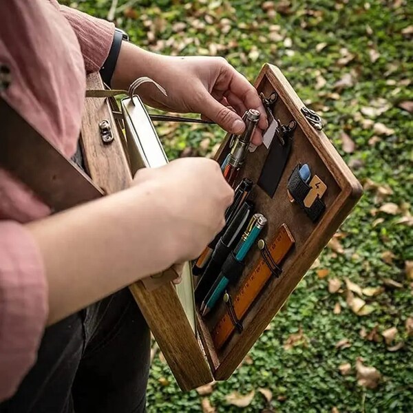 Wooden Handmade Artist Tool Storage Box, Pottery Tool Bag & Art Supplies Organizer, vintage portable travel easel