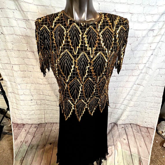 laurence kazar black beaded dress VTG Size Medium Silk W/gold Sequins 100% Silk Red and Black Prom HUSSAIN REHAR SIZE:37
