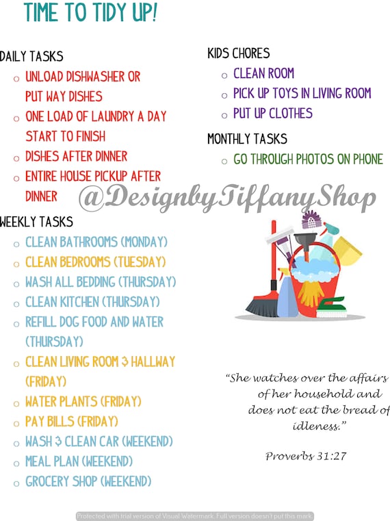 Clean Up Schedule, Cleaning Checklist, Chore Chart, To Do List